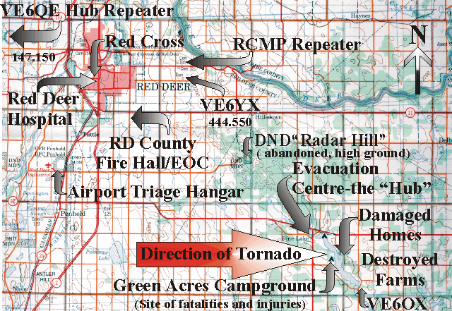 Map of the Pine Lake and Red Deer area with key communications and disater relief sites marked